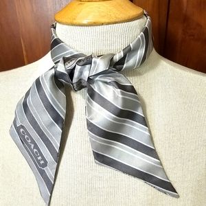 NWT- Coach,Silk, reversible, scarf. Ponytail, purse, wrist accessory. Gray